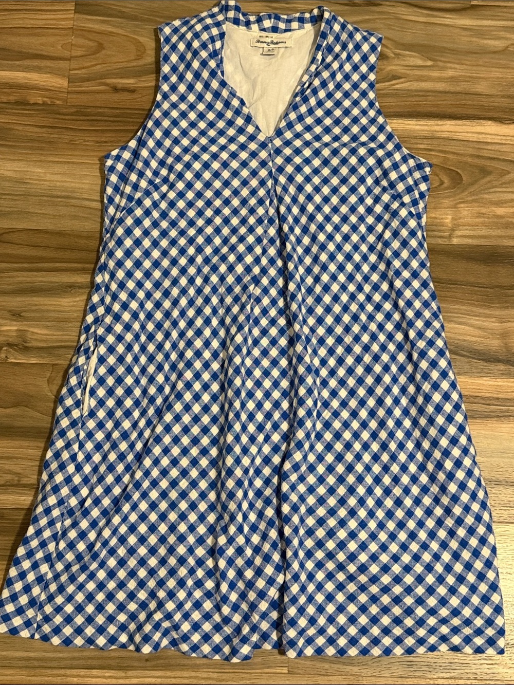 Tommy Bahama Bonita Gingham Blue Checkered Linen Blend Shift Dress Size M